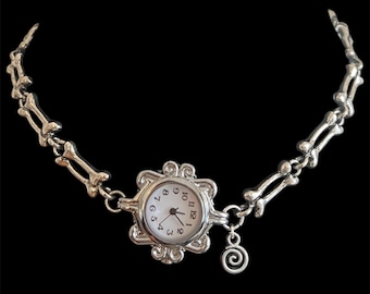 Handmade Watch Clock Choker: Bone Charm, Stainless Steel, Antique Style, Time Piece, Halloween