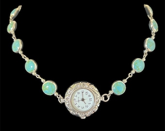 Turquoise marbled blue and green Antique Vintage Style Upcycled Time Piece Watch Clock Choker Necklace Boho Hippie Steampunk Whimiscal Goth