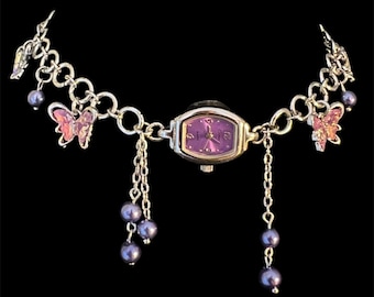 Sterling Silver Butterfly Purple Watch Clock Choker Necklace
