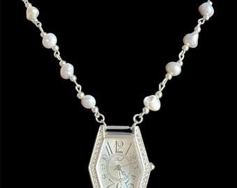 Rhinestone Steampunk Freshwater Pearl Time Piece Watch Clock Necklace