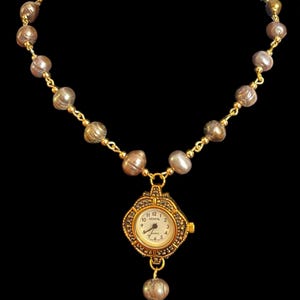 18K Gold Plated Black Freshwater Pearl Clock Watch Necklace Choker