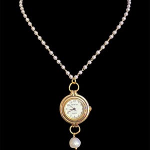 18K Gold Plated Freshwater Pearl Clock Watch Necklace Choker