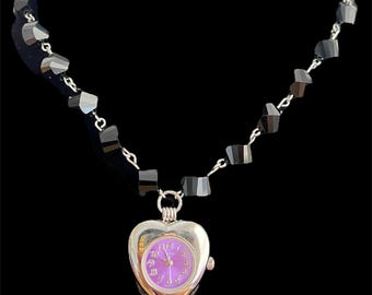 Sterling Silver Stainless Steel Purple and Black Abstract Boho Goth Heart Watch Necklace