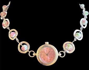 Collana girocollo con orologio floreale con perline rosa argento, pezzo di orologio Boho Grunge