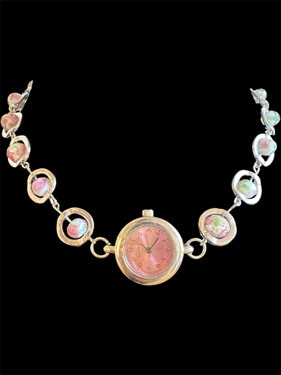 Silver Pink Beaded Floral Watch Choker Necklace Time Piece  display picture 2