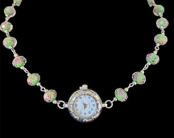 Pink Green Floral Victorian Antique Vintage Style Upcycled Time Piece Watch Clock Choker Necklace Boho Hippie Steampunk Whimiscal Goth