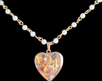 Hand Beaded 18k Gold Plated Engraved Swan Pearl Locket Boho Victorian Fairy Necklace