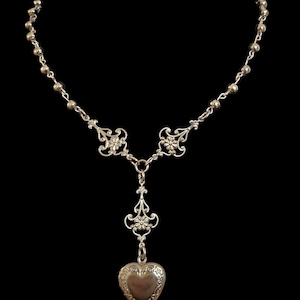 Beaded Floral Heart Locket Antique Vintage Style Handmade Rosary Necklace