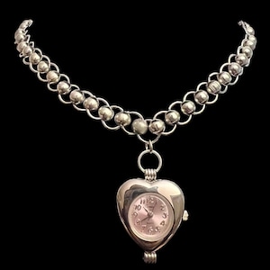 Sterling Silver Chain Mail Pink Heart Watch Necklace