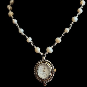 Freshwater Pearl Two Toned Geneva Quartz Watch Clock Necklace