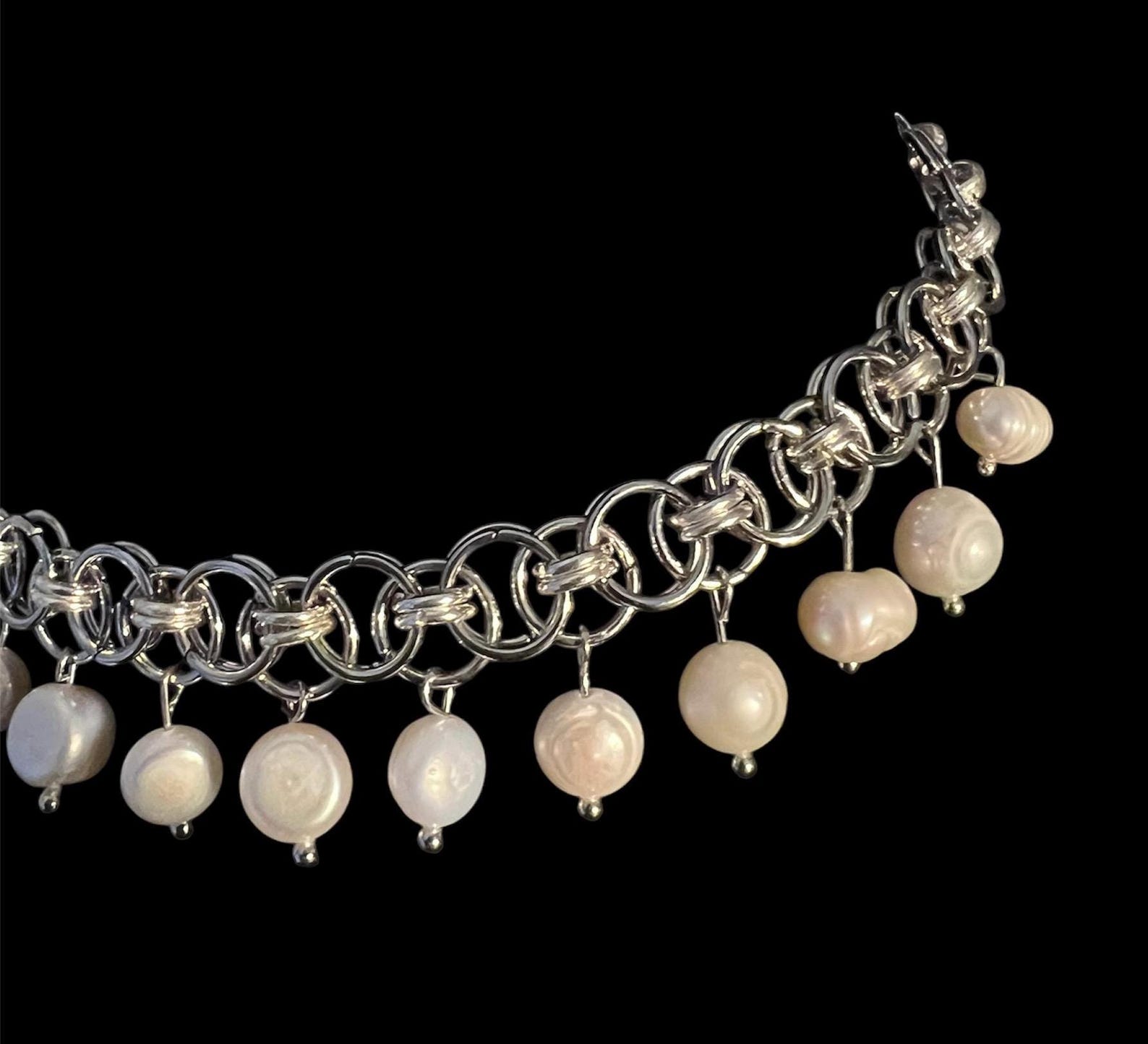 Freshwater Pearl Silver Chain Mail Choker Necklace Etsy — free download