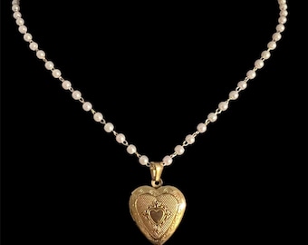18k Gold Plated Antique Style Heart Pearl Locket Necklace