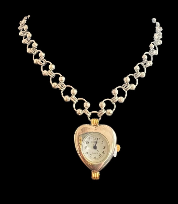 Handmade Sterling Silver Chainmail Heart Watch Necklace: Beaded 