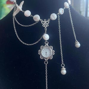 Sterling Silver Victorian Antique Style Drape Watch Clock Freshwater Pearl Cross Choker Necklace