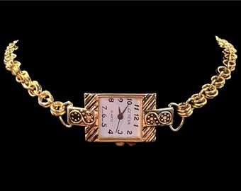 18k Gold Plated Handmade Chainmail Rectange Watch Choker Necklace