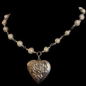 Tiny Vintage Heart Necklace, Heart and Pearl Necklace, Tiny