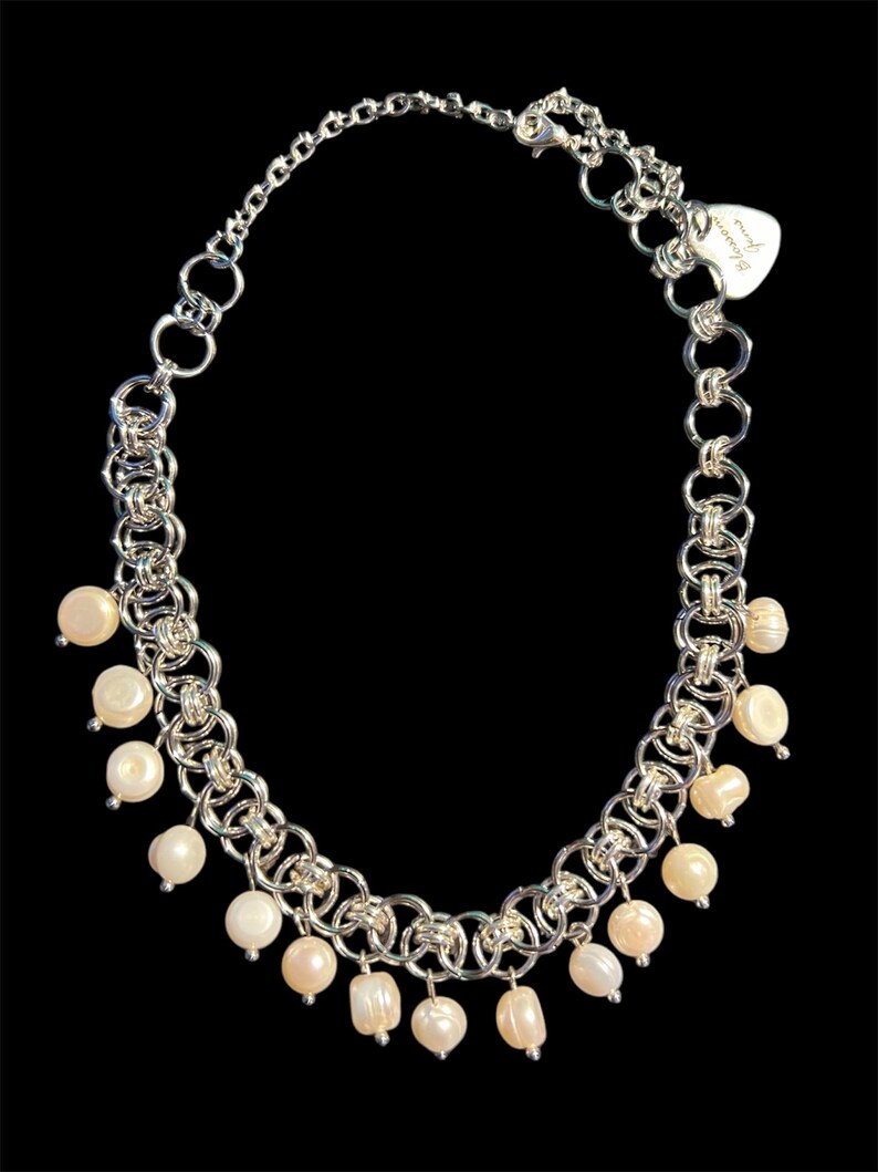 Freshwater Pearl Silver Chain Mail Choker Necklace Etsy — free download