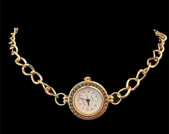 Round Gold Watch Face Clock Head Choker Necklace Chain