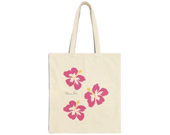 Cotton Canvas Beach Tote Bag - Tropical Pink Hibiscus