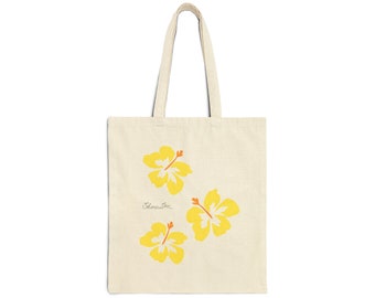 Cotton Canvas Beach Tote Bag - Tropical Yellow Hibiscus