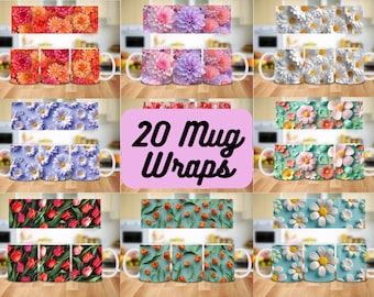 20 elegante Blumenbecher-Wrap-Design, 11 Unzen Blumenbecher, sofortiger Download Kaffeebecher Full Wrap, Becher PNG
