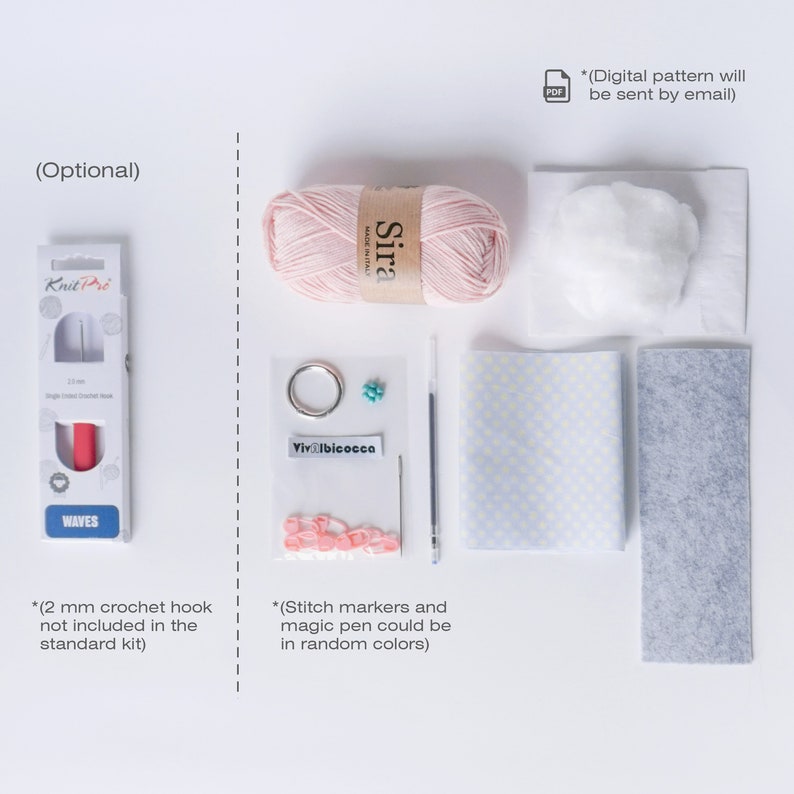 Pu&ograve; includere: Un kit per la creazione di un giocattolo di peluche. Il kit include filato rosa, imbottitura bianca, un piccolo pezzo di feltro grigio, un pezzo di tessuto con motivo a pois bianchi, una piccola borsa di marcatori per punti, una piccola borsa di perline, un portachiavi, un uncinetto, una penna e un ago. Il kit include anche uno schema digitale che verr&agrave; inviato via email.