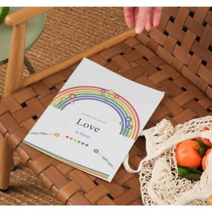 May include: A white card with a rainbow design and the words "Love is love" rests on a brown woven chair. A mesh bag filled with oranges sits nearby. A small green table and a plant are in the background.