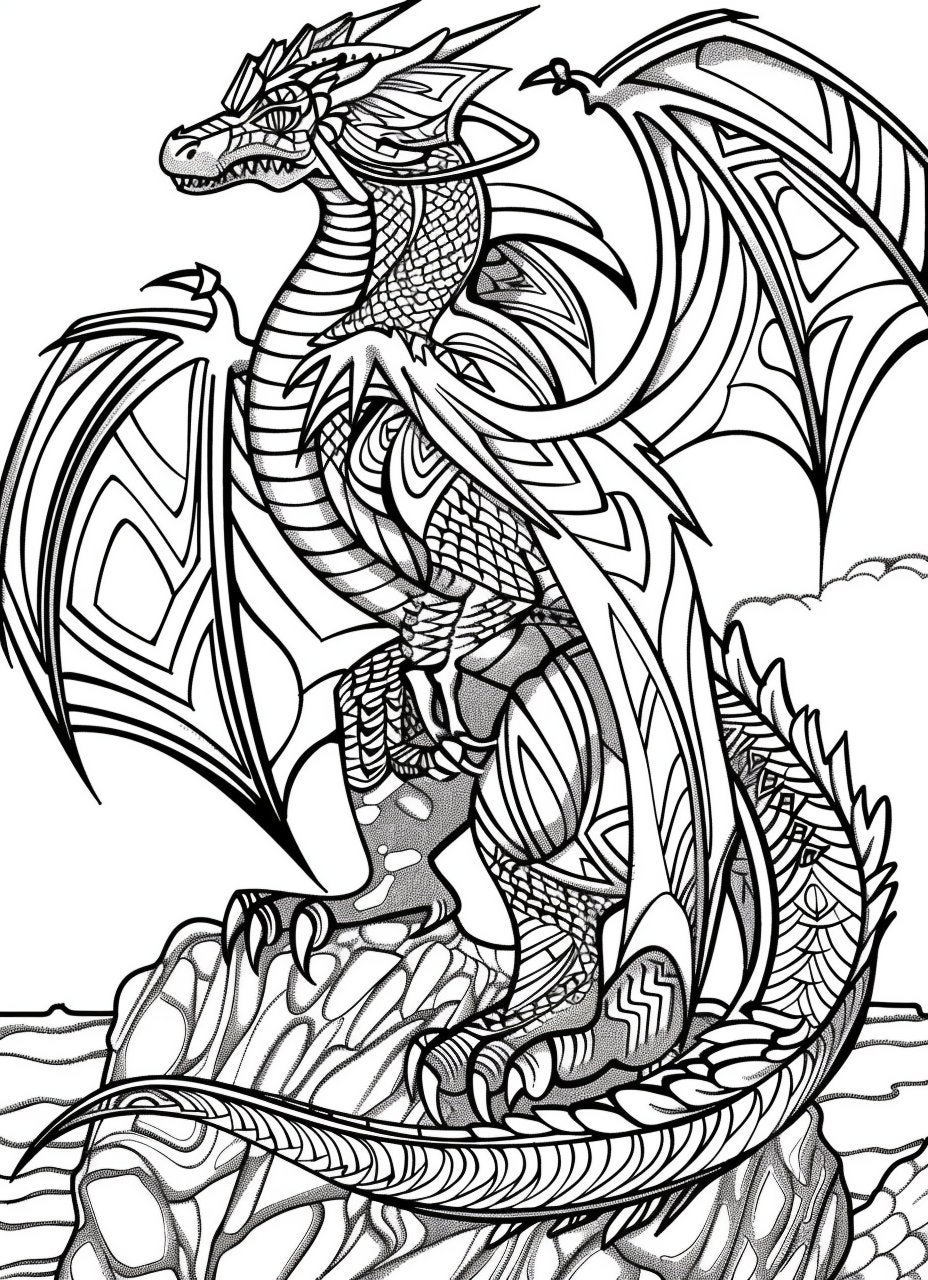 Serpentine Dragon Coloring Page Adult Fantasy Digital Download