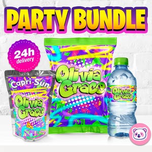Könnte beinhalten: Ein Party-Paket mit einem Capri-Sun-Saftbeutel, einer Tüte Chips und einer Wasserflasche. Alle Artikel haben ein farbenfrohes Design mit dem Namen "Olivia Grace" in fetten Buchstaben.