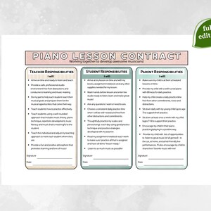 May include: A printable piano lesson contract template with three columns: Teacher Responsibilities, Student Responsibilities, and Parent Responsibilities. Each column lists bullet points of expectations for each role. The document is designed to help teachers, students, and parents work together to develop awesome musicians.