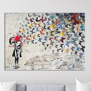 Banksy Butterfly Girl Graffiti Canvas Print, Banksy Butterfly Girl Wall Art, Banksy Butterfly Girl Print Art, Street Graffiti Art Wall Decor