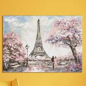 Pink Leaves Tree Wall Art, Romantic Couple Canvas Art, Landscape Art, Landmark Artwork, Couple Artwork, Valentine Canvas, Eiffel Artwork