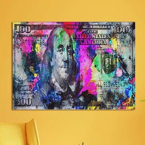 Money Wall Art, Benjamin Franklin Dollar, 100 Dollars Bill Canvas, Money Wall Decor, Office Wall Art, Money Pop Art Canvas, Money Print