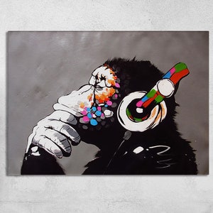 Banksy Thinking Monkey With Headphones Canvas Art Print