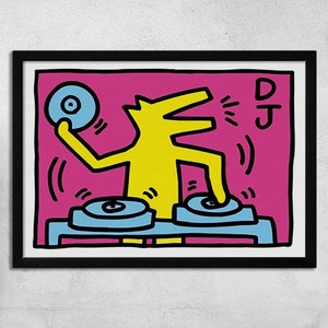 Lienzo de arte pop de Keith Haring DJ Dog, exposición en galería de museo, fiesta musical, arte de pared imprimible, impresión de arte pop, lienzo de exposición, impresión,