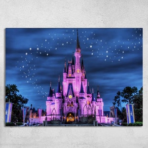 Arte mural de Disneyland, arte del castillo de Cenicienta, arte azul y rosa, arte en lienzo, vidrio templado, arte con papel tapiz, póster de regalo, arte mural para habitación de niños