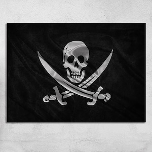 Arte de bandeira de pérola negra, decoração de tela de bandeira, arte de parede Jolly Roger, vidro temperado de caveira, pôster de esqueleto, arte de parede de decoração de casa, vidro temperado