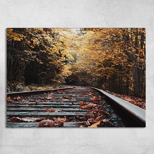 Binari ferroviari, binari del treno su tela, arte murale autunnale, tela autunnale, arte murale della natura, tela di paesaggio, poster ferroviario, tela artistica da parete