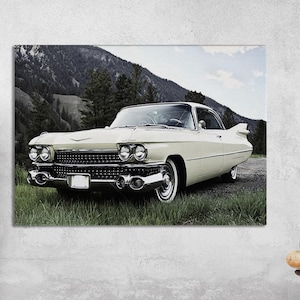 Poster digitale di auto d'epoca, poster stampabile di auto d'epoca, stampa di una Cadillac bianca classica, foto di una Cadillac d'epoca, Cadillac bianca d'epoca del 1959
