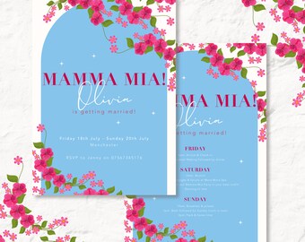 May include: A blue and white floral wedding invitation with the text "Mamma Mia! Olivia is getting married!" and details about the wedding weekend. The invitation features a floral border and a blue background.