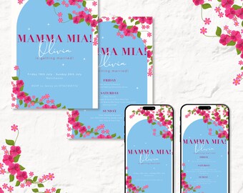 May include: A set of printable wedding invitation templates featuring a floral design with pink flowers and green leaves on a blue background. The text "Mamma Mia! Olivia is getting married!" is featured on the invitation.