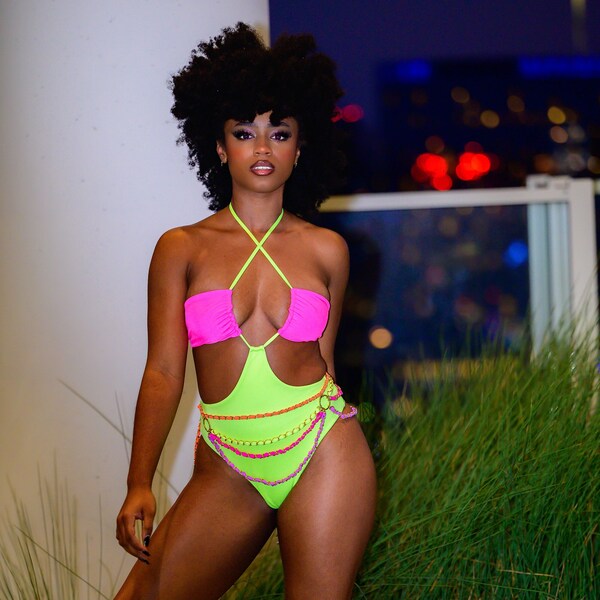 Koko | Colorblock Halter Monokini | Neon Pink/Yellow