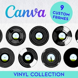 May include: Nine custom frames featuring black vinyl records with different designs. The frames are perfect for displaying your favourite vinyl records. The text "Canva" and "Vinyl Collection" are visible at the top and bottom of the image.