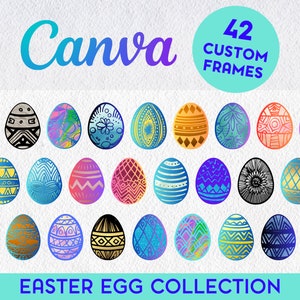 May include: 42 custom frames featuring colourful Easter egg designs. The eggs are decorated with various patterns, including geometric shapes, floral motifs, and abstract designs. The frames are perfect for adding a festive touch to your Easter crafts and projects.