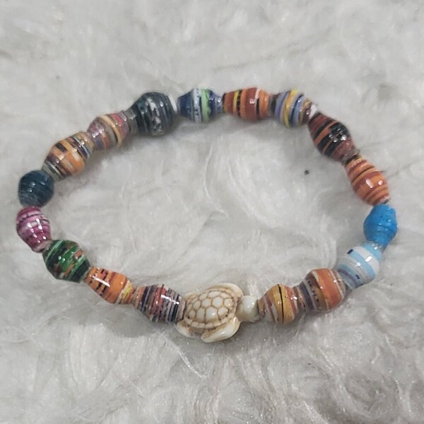 Handmade Uganda Paper Bead and Turtle Bracelet