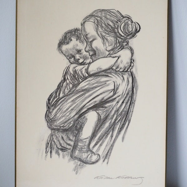 Vintage Artwork by Käthe Kollwitz, "Boy with Arms Around Mother's Neck" - 1931