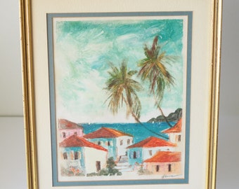 Beautiful Vintage Signed Print of Village by the Sea