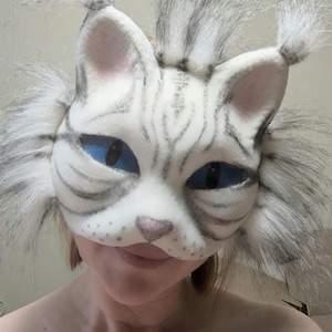 White and black Tabby Therian Cat Mask for Cosplay and Furry Fun, Therian pride furry feline mask, Quadrobics animal mask, felted cat mask