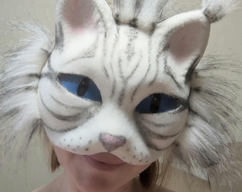 White and black Tabby Cat Cosplay Mask, Therian furry Feline headwear for Quadrobics