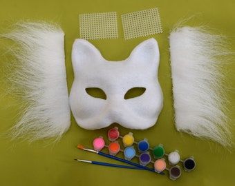 DIY Therian Cat Mask Kit: Premade Felted Paper, Faux Fur, Acrylic Paints